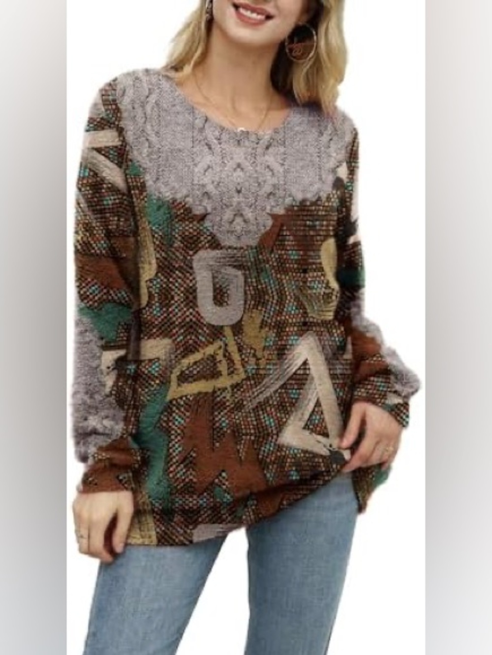 No label Cozy Geometric-Print Women’s Sweater in Brown and Green